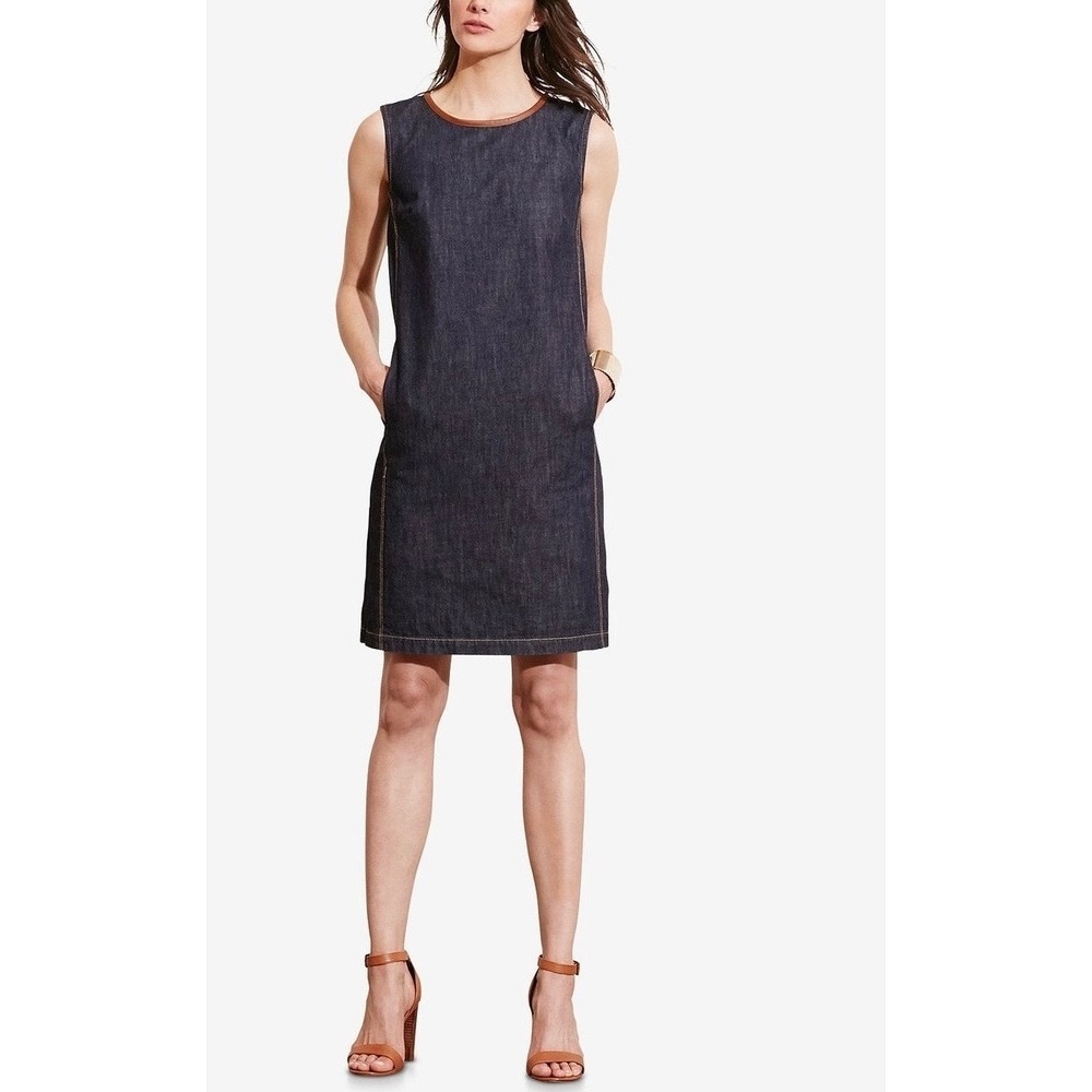Lauren‎ Ralph Lauren Womens Petite 6P Denim Shift Dress Leather Trim Indigo Blue